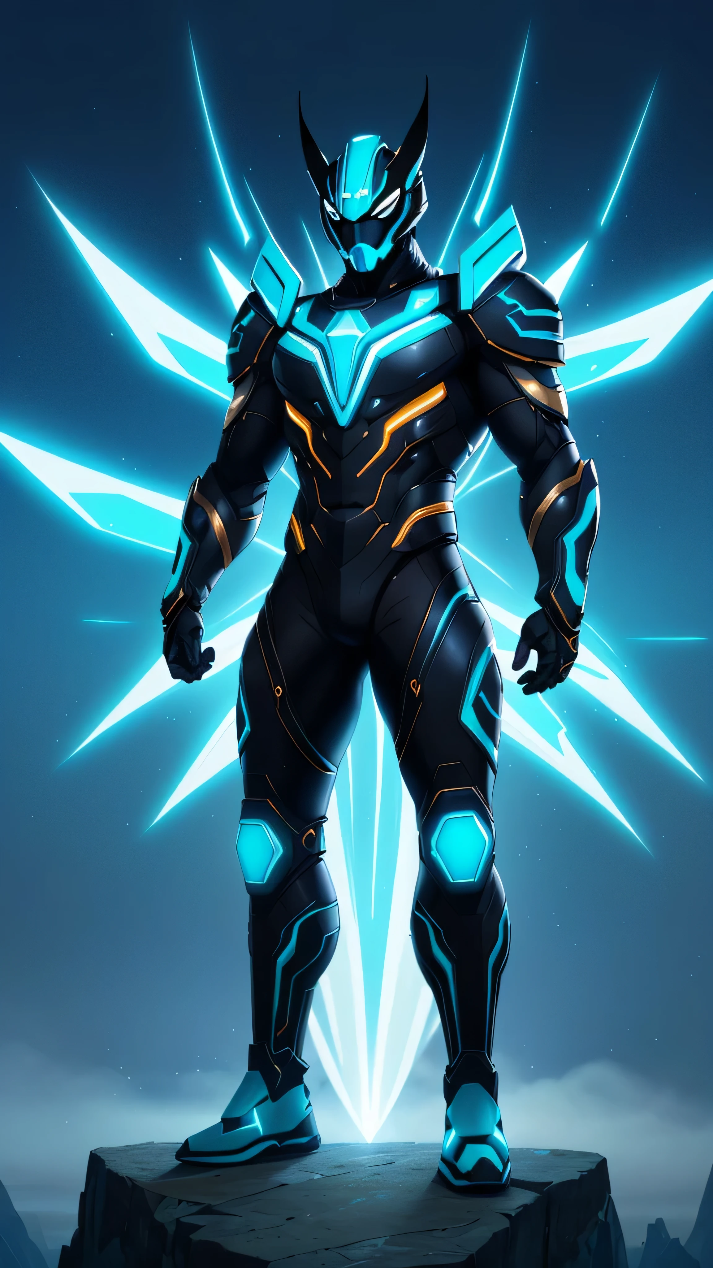 futuristic humanoid warrior, sleek muscular build, high-tech form-fitting black and white outfit, blue intricate patterns, masked face, helmet with pointed fox-like ears, mystical animalistic vibe, outfit is adorned with blue and teal accents, dynamic pose, large floating blade-like structures that resemble energy shields, hazy background, warm-colored sky, 1man, solo, full body view, (masterpiece, best quality), (hyper realistic:1.6), ((detailed face)), ((award-winning)), (sharp), (8k resolution), (cinematic lighting)