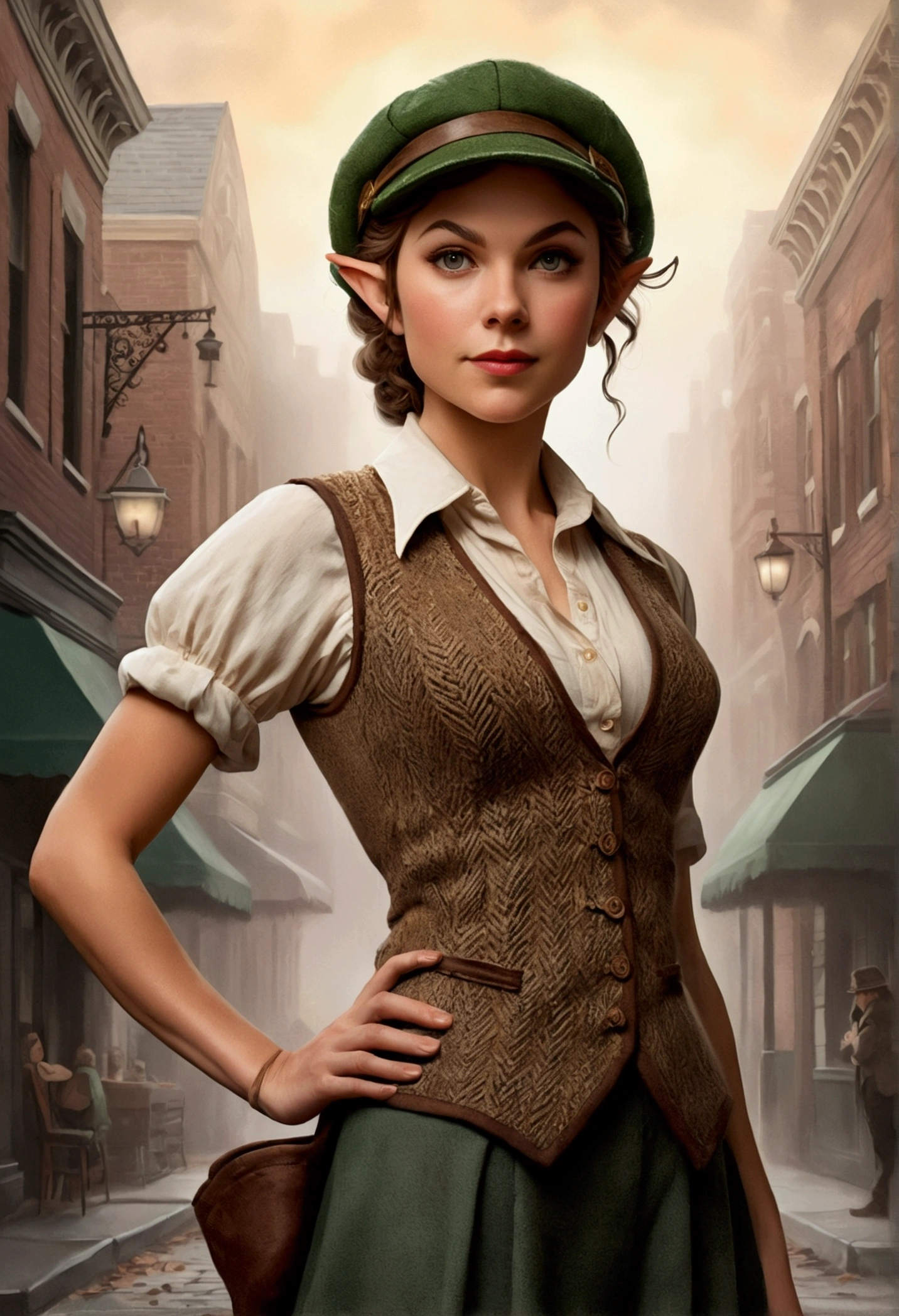 An illustrated movie poster, hand-drawn, full color, an elven maiden, wearing a tweed vest and a newsie cap, tall, toned, amazonian stature, athletic hourglass figure, busty bosom, long pointy elf ears, amber eyes, dark hair, curly bob cut, warm almond skintone, freckles, resembles Taylorr Swift, standing on a foggy Victorian-era street corner, graphite shading, stencil marks, airbrushed acrylic paint, masterpiece, elf ears