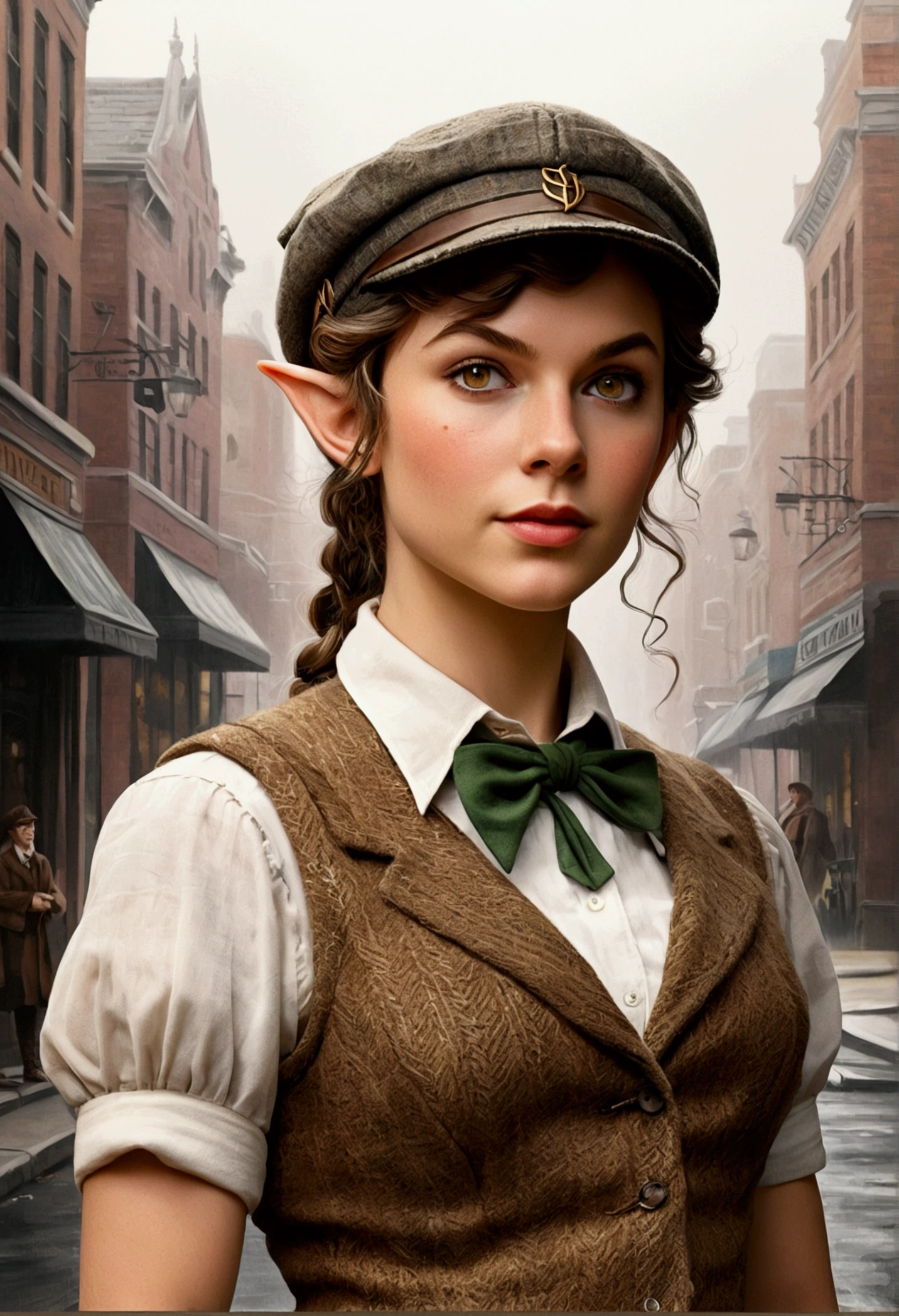 An illustrated movie poster, hand-drawn, full color, an elven maiden, wearing a tweed vest and a newsie cap, tall, toned, amazonian stature, athletic hourglass figure, busty bosom, long pointy elf ears, amber eyes, dark hair, curly bob cut, warm almond skintone, freckles, resembles Taylorr Swift, standing on a foggy Victorian-era street corner, graphite shading, stencil marks, airbrushed acrylic paint, masterpiece, elf ears
