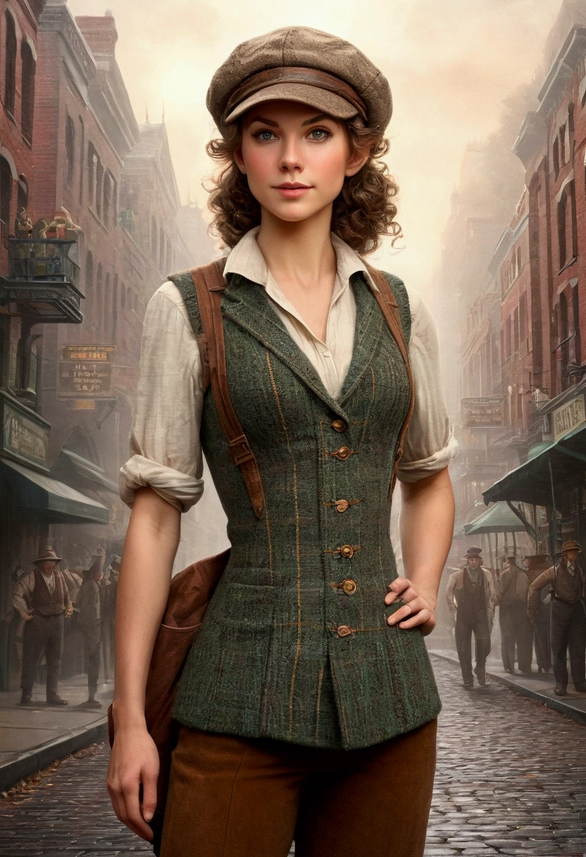 An illustrated movie poster, hand-drawn, full color, an elven maiden, wearing a tweed vest and a newsie cap, tall, toned, amazonian stature, athletic hourglass figure, busty bosom, long pointy elf ears, amber eyes, dark hair, curly bob cut, warm almond skintone, freckles, resembles Taylorr Swift, standing on a foggy Victorian-era street corner, graphite shading, stencil marks, airbrushed acrylic paint, masterpiece, elf ears