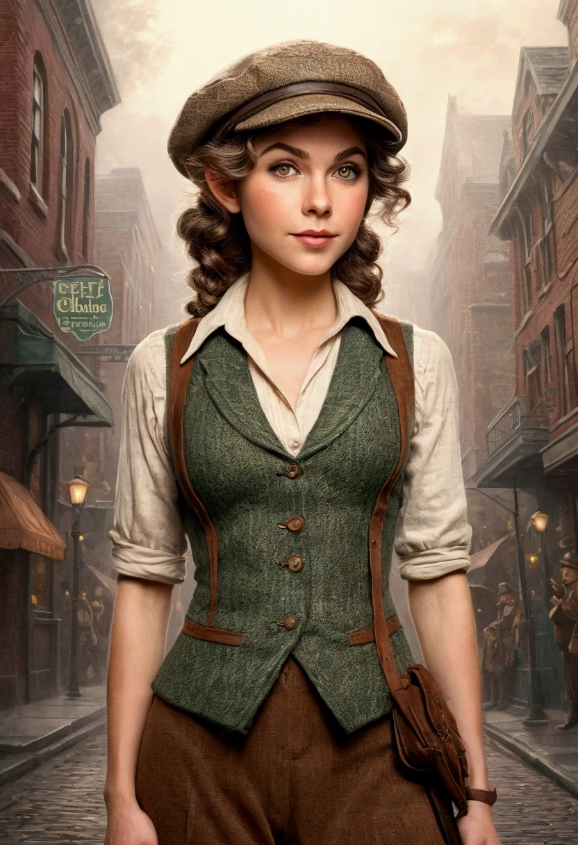 An illustrated movie poster, hand-drawn, full color, an elven maiden, wearing a tweed vest and a newsie cap, tall, toned, amazonian stature, athletic hourglass figure, busty bosom, long pointy elf ears, amber eyes, dark hair, curly bob cut, warm almond skintone, freckles, resembles Taylorr Swift, standing on a foggy Victorian-era street corner, graphite shading, stencil marks, airbrushed acrylic paint, masterpiece, elf ears