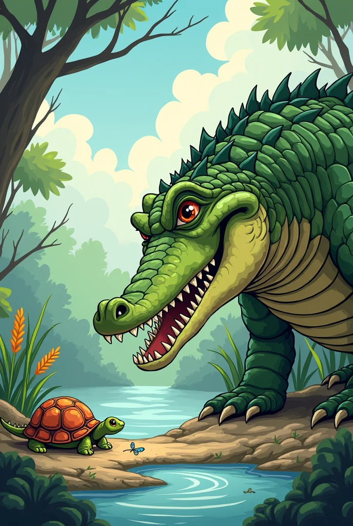 A big crocodile think about a small turtle 2d cartoon