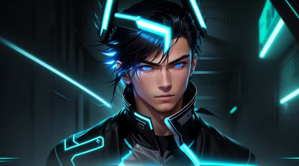 A highly realistic, lifelike version of a young man inspired by Itoshi Rin from Blue Lock. He has sharp, intense blue eyes, a slender but athletic build, and short, spiky black hair with bluish highlights. He wears a modern, sporty outfit with a cool, confident expression, standing in a dimly lit, futuristic setting with glowing neon lights. His expression should be serious, reflecting his competitive nature.