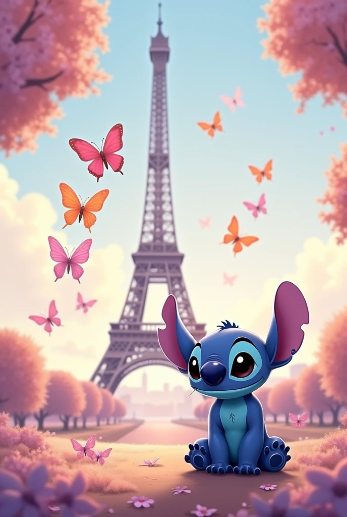 Stitch with butterflies and an Eiffel Tower with a pastel colored background