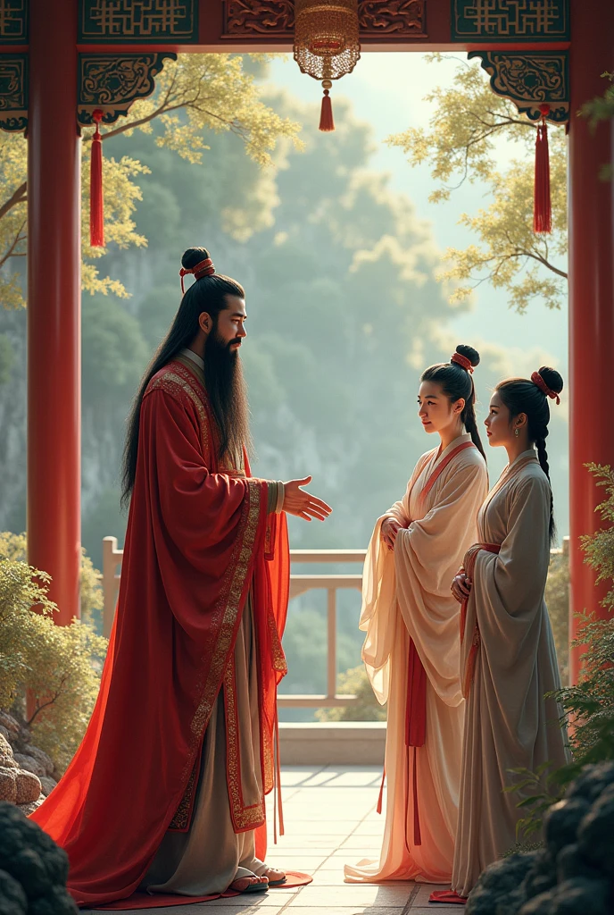 Guan Yu with a beard talks to his two sisters-in-law.