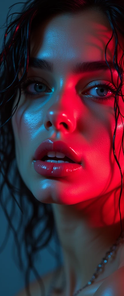 neon eyes, wet hair, wet drops on the face. Portrait of Lucy Pinder, sexy face, bitten lips, boca, language, sexy, Seductive, Hyperrealism, photorealism, 7k better