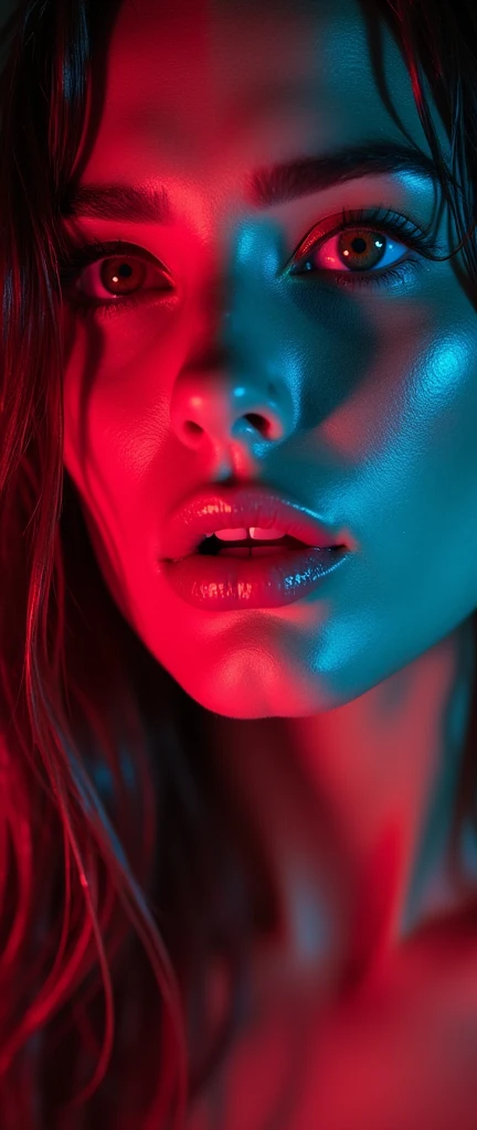 neon eyes, wet hair, wet drops on the face. Portrait of Lucy Pinder, sexy face, bitten lips, boca, language, sexy, Seductive, Hyperrealism, photorealism, 7k better 