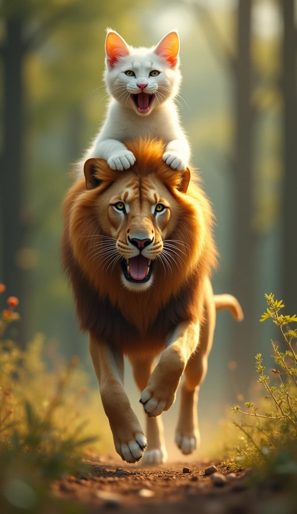 A happy mackerel-white cat riding on the back of a running lion dog、in the forest