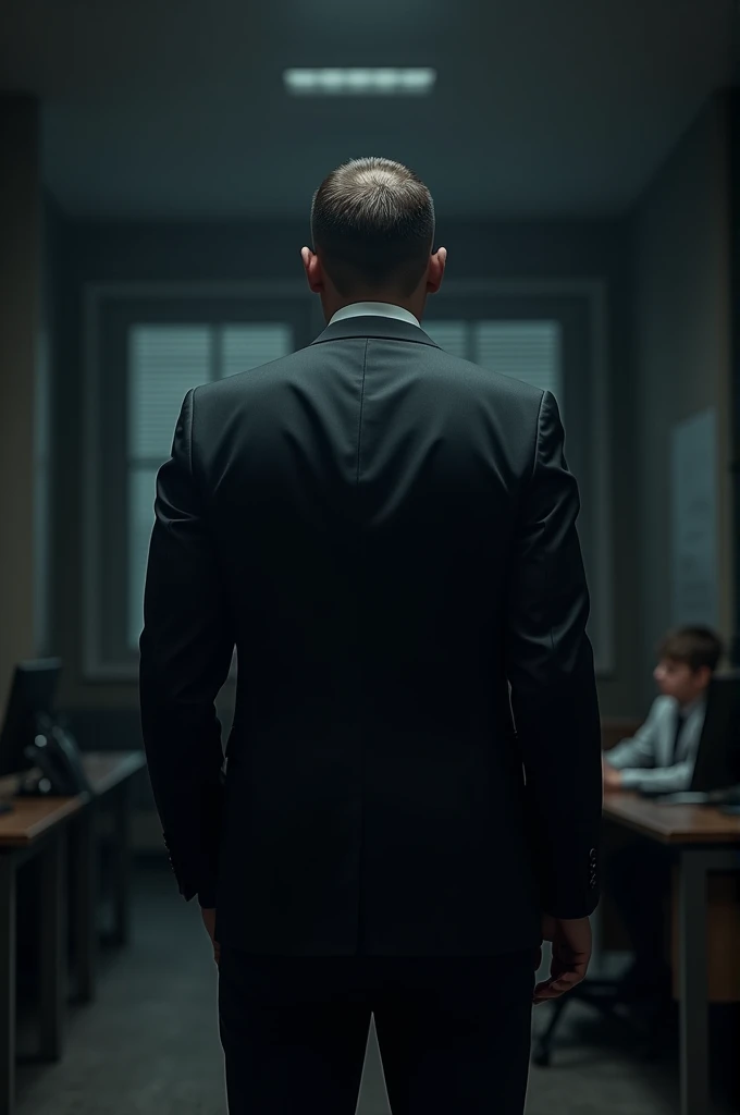 Man with back turned against business background and dim light , self-centered and narcissistic man