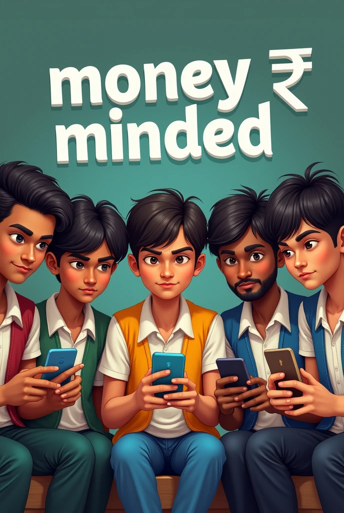 A group of 5 young Indian male school students(one is slightly black in skin colour, another one is slightly fat , another one is healthy , another one is slightly thin and another one is slightly bright in skin colour looking handsome and sitting middle of them )sitting around and using smartphones to earn money . Background contains the word "Money Minded" and Indian rupees symbol seen in background .