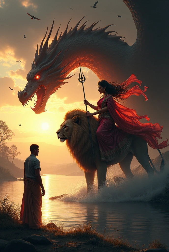 A man standing alone at the edge of a river while sun going down little bit of darkness and a beautiful Woman with angry face looking at him wearing Saree and heavy jewellery coming from river holding Trisul Riding a lion. Birds flying in the sky and a red&black dragon burning fire in the air from mouth standing near by sun 