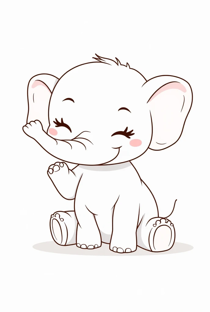 Cute little elephant, side view, sitting on the ground, cocking his trunk and waving, in a simple flat cartoon style with a white background and no shadows. This cute little grey elephant has a grey color, pink ears and eyes, and a smiling facial expression showing its little teeth. The artwork has soft lines and smooth edges in a cartoon animal illustration style with a simple design, vector file format, high resolution and professional quality.