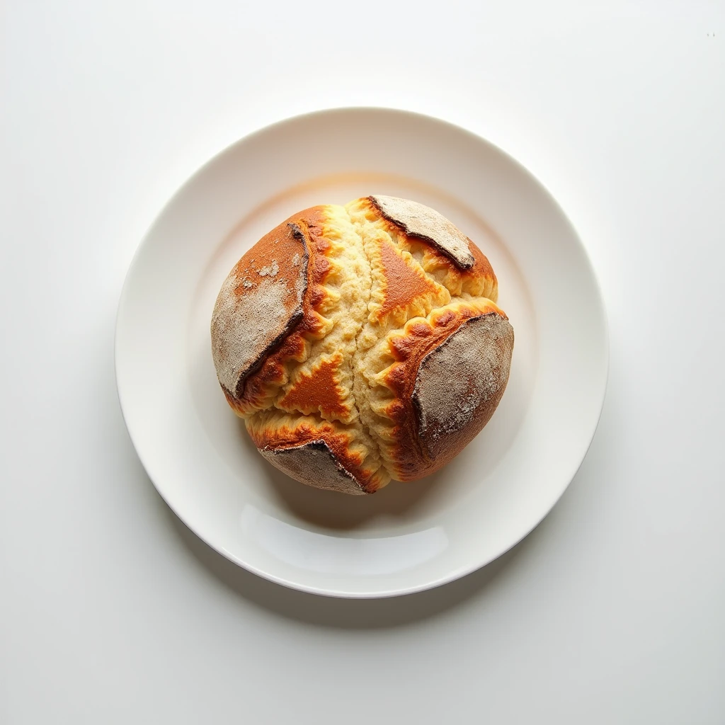 "Top-down angle focusing on a patternless white plate with a neatly arranged large bread on a patternless white table."