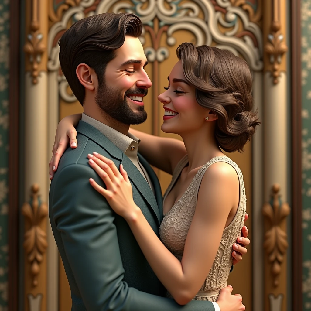 Couple))High resolution, Anatomically correct, 最high quality, detail, 高いdetail, High-resolution model, Very detailed, high quality, High resolution, Anatomically correct, smile, 仲の良いCouple、Hug while laughing、happiness、Men and women、Alphonse Mucha,