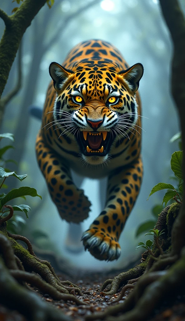 A massive jaguar with sharp, glistening fangs is running full speed toward the viewer, its mouth open wide in a ferocious snarl, ready to attack. The jaguar's yellow fur is matted and wild, and its glowing eyes are locked onto the viewer with a menacing intensity. The scene is set in a dense, smoky jungle, with thick underbrush and towering trees partially obscured by the heavy mist. The path the jaguar is charging down is narrow, overgrown with twisted roots and foliage, adding to the sense of impending danger. The overall atmosphere is dark and ominous, with the dense fog swirling around the jaguar, making its approach even more terrifying