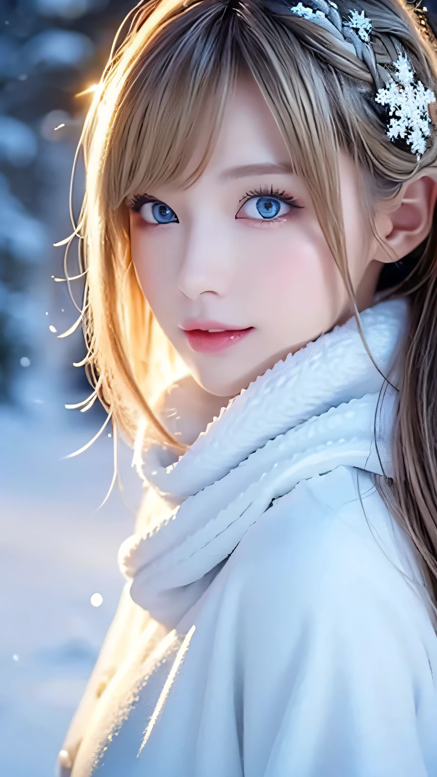 Sexy big boobs、1 Beautiful sexy and cute look with cute bomba shell、A strong wind blows my hair in front of my face、Bangs between the eyes、Very beautiful super long metallic blonde straight hair、Snow-white blonde, Long Hair, French Braid, Side Lock, Parted bangs, big, Pale blue eyes that sparkle in the snow、Detailed face, Winter clothes, Mittens, White scarf, whole body, Snow Forest, A fascinating world, (Nose brush, Heavy breathing:1.1), (dark:1.4)