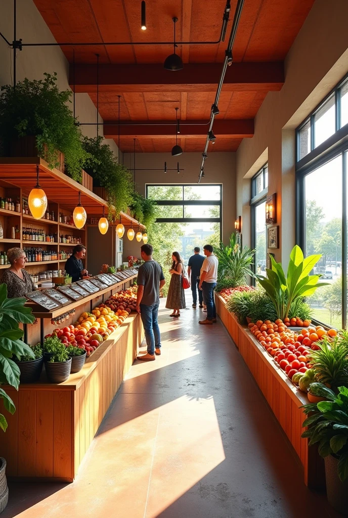 6x4 meter commercial space, Modern Mexican style in light colors, farm products, customers inside, 50 centimeter front overhang of red annealed clay tiles, bird's-eye view,