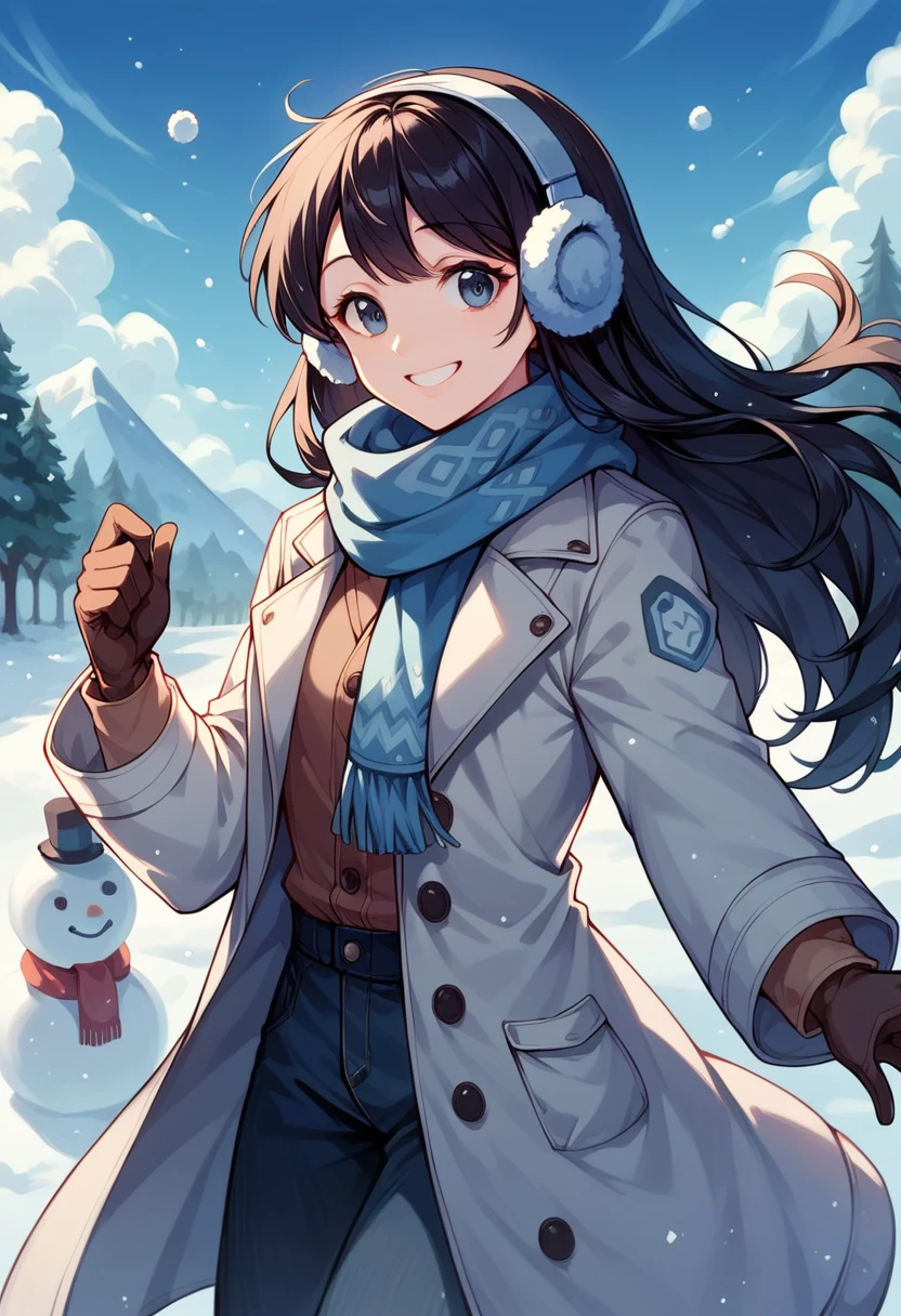 Girl, shiny black hair, long hair, thick coat, scarf, earmuffs, gloves, snow scene, snowman, smile, fun, cheerful, blue sky, sunshine