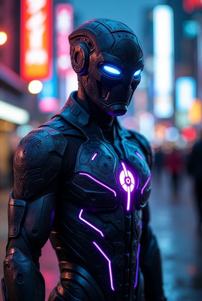 The image depicts a futuristic, highly detailed character resembling a superhero in a technologically advanced suit. The suit features intricate patterns and glowing elements, with a predominantly dark color scheme highlighted by vibrant neon accents, particularly in shades of blue and purple. The character's mask has illuminated eyes, enhancing its imposing presence. The background suggests a bustling urban environment, possibly at night, with blurred city lights adding to the dynamic atmosphere. The overall aesthetic combines elements of science fiction and superhero themes, emphasizing strength and advanced technology.