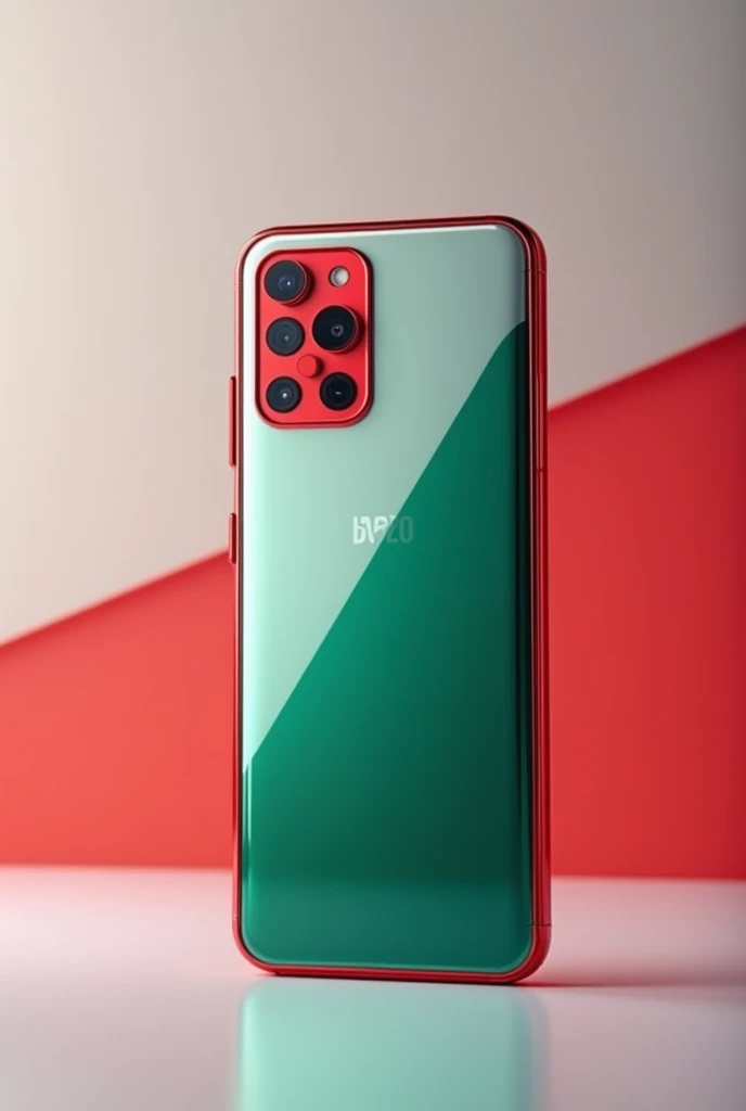Create an image of a three-color green Tecno Mobile Spark 20 cell phone , metallic white and red