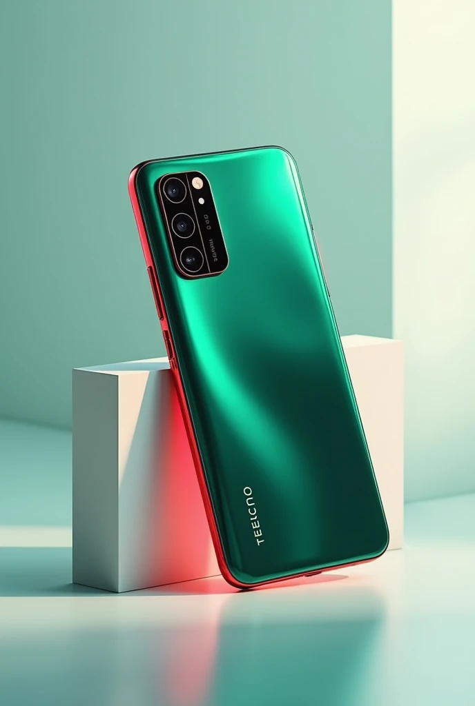 Create an image of a three-color green Tecno Mobile Spark 20 cell phone , metallic white and red