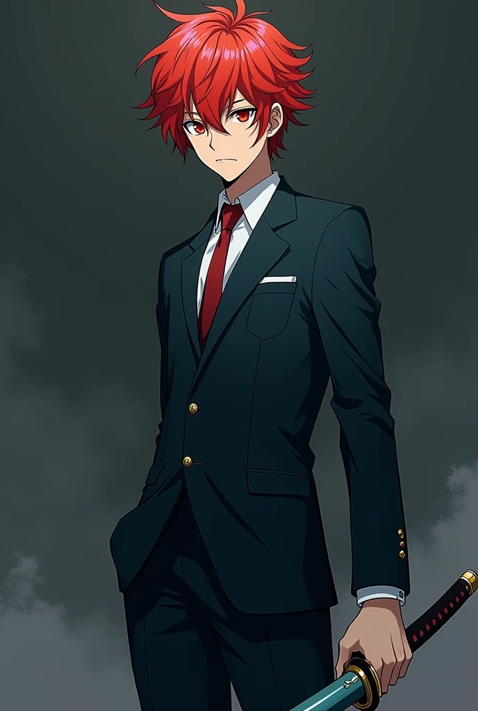 A handsome, flexible, fast Assassin with the height of Satoru Gojo with red and yellow hair and red eyes, Dazai style design from Bungou to Alchemist with an Akutagawa style suit with a katana that is divided into two parts of black and blue color.