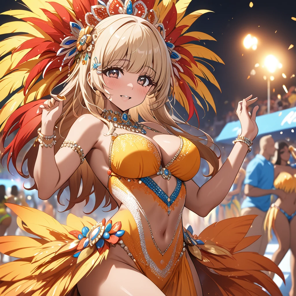 ((Highest quality)), ((masterpiece)), (detailed), （Perfect Face）、The woman is Reika Aoki, a Latin American with brown skin and medium-long blonde hair.、A woman is dancing samba passionately and attractively in a samba costume at the Rio Carnival