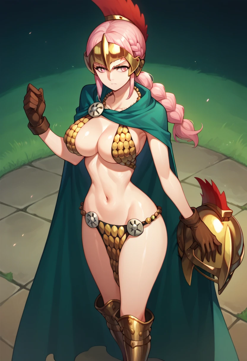 1girl, Solo, rebecca, anime style, breasts, bikini armor, pink hair, pink eyes, armor, cape, large breasts, braid, long hair, cleavage, gloves, navel, boots, shiny skin, helmet