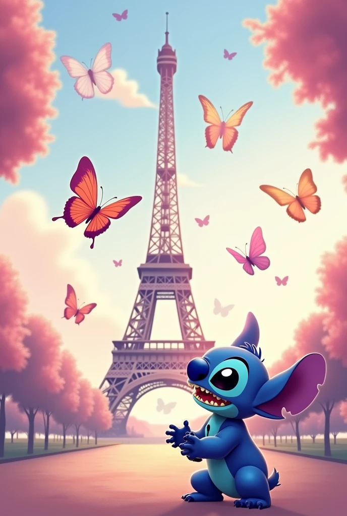 Stitch with butterflies and an Eiffel Tower with a pastel colored background