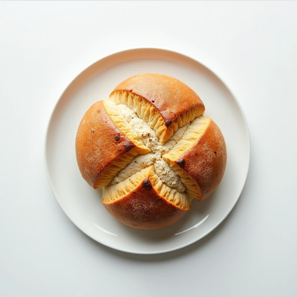 "Top-down angle focusing on a patternless white plate with a neatly arranged large bread on a patternless white table."