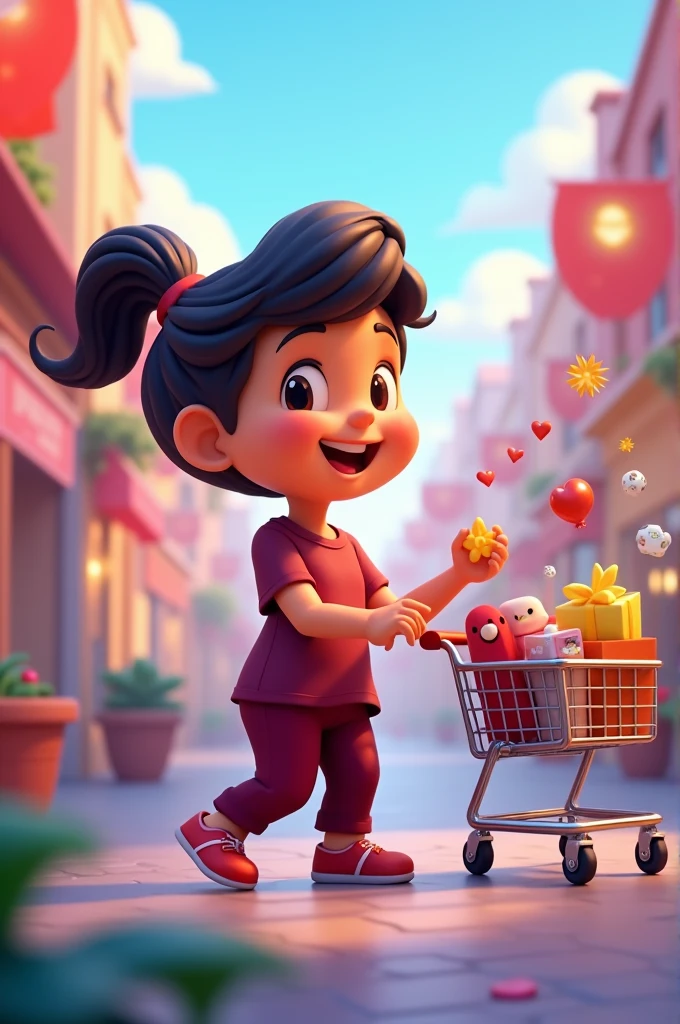 gawan moko ng picture cartoon naka maroon shirt and pants tapos nag aadd to cart sa cellphone online shopping