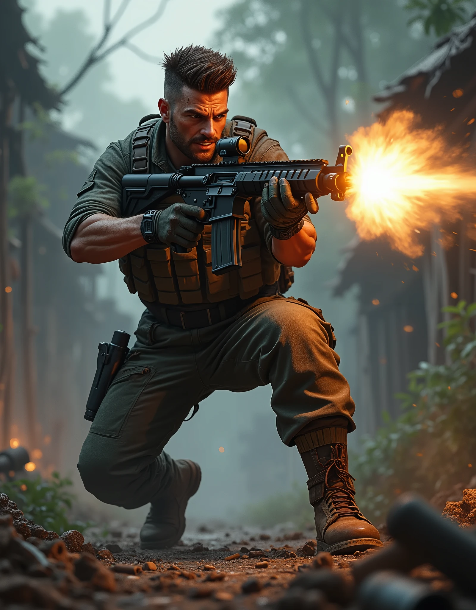 (masterpiece), (best quality), (hires), solo, solo focus, male focus, mercenary, firing machine gun, assault rifle, shell casings, brown hair, brown eyes, (crew cut), (spiky hair), (facial hair), (facial scar), angry, clenched teeth, jungle village, dusk, war zone background, tactical gear, combat boots, dynamic action pose, standing, gritty atmosphere.