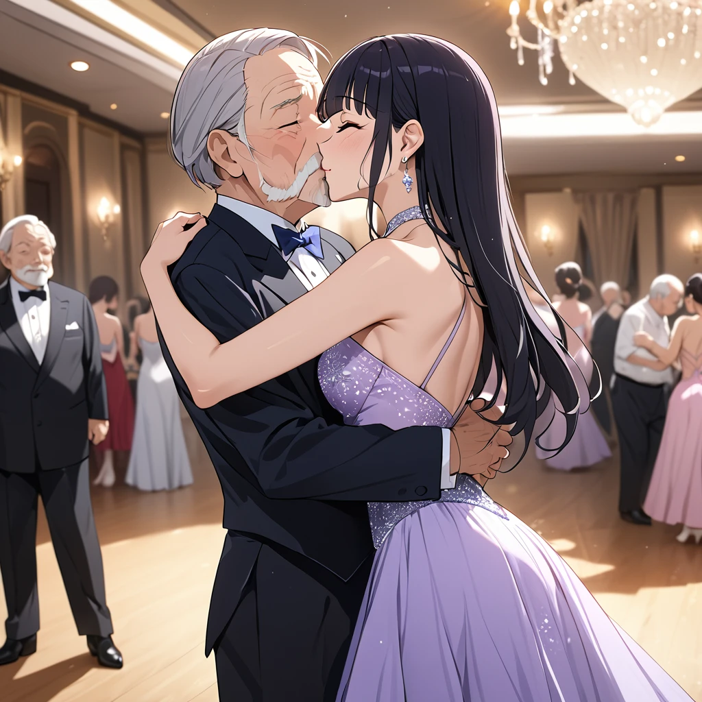 ((Highest quality)), ((masterpiece)), (detailed), (Perfect Face)、The woman is Reika Aoki with semi-long hair、A woman is wearing a ballroom dance costume at a ballroom and dancing gracefully and beautifully while kissing an old man.
