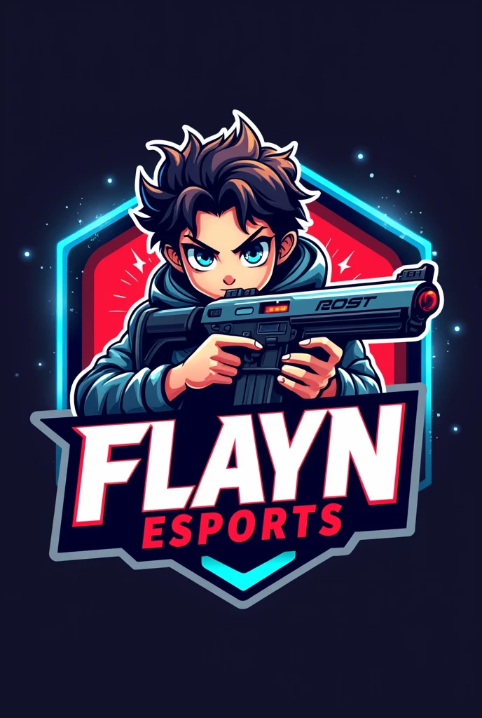 Gaming logo with young boy amine character with gun using name FLAYN ESPORTS 