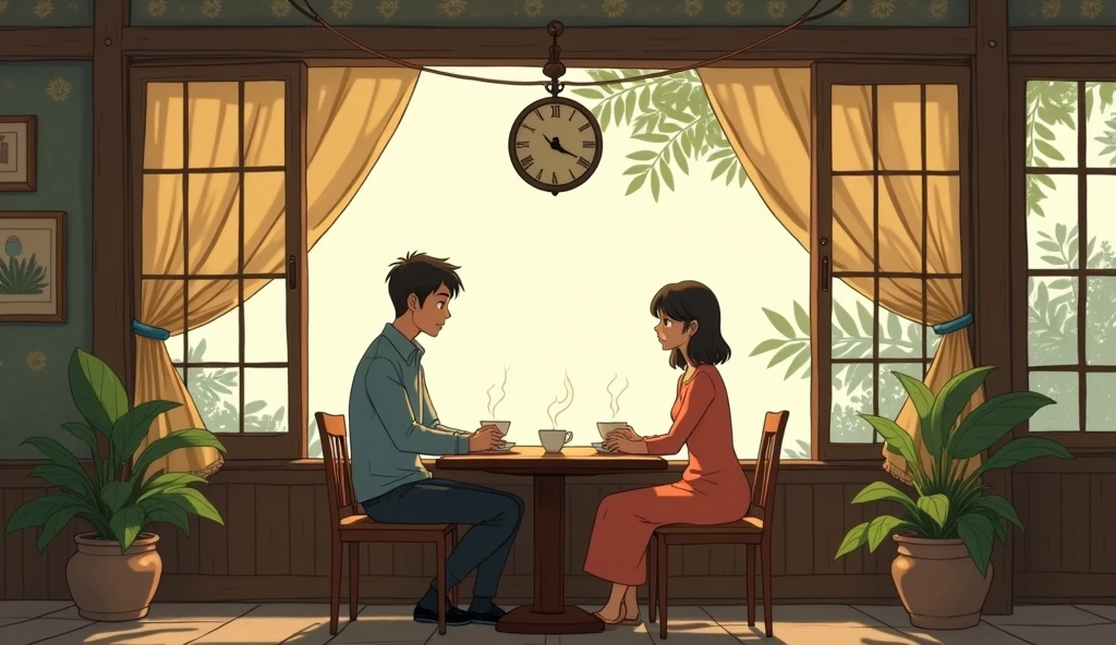 'A man and a woman sitting far apart talking in a cafe', Ghibli style