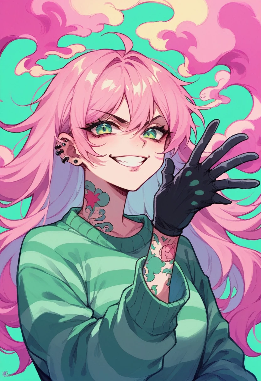 kpop girl with rizz smile face, bad ass, black gloves,neon cyan pink hair, tattoos on hands and neck, piercing, black mixed green striped sweater, cool badass pose, smoke background, colorful smoke background