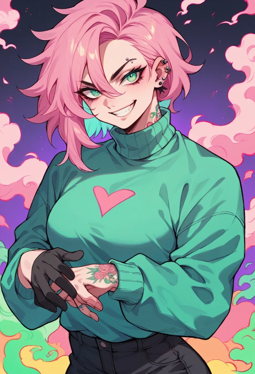 kpop girl with rizz smile face, bad ass, black gloves,neon cyan pink hair, tattoos on hands and neck, piercing, black mixed green striped sweater, cool badass pose, smoke background, colorful smoke background