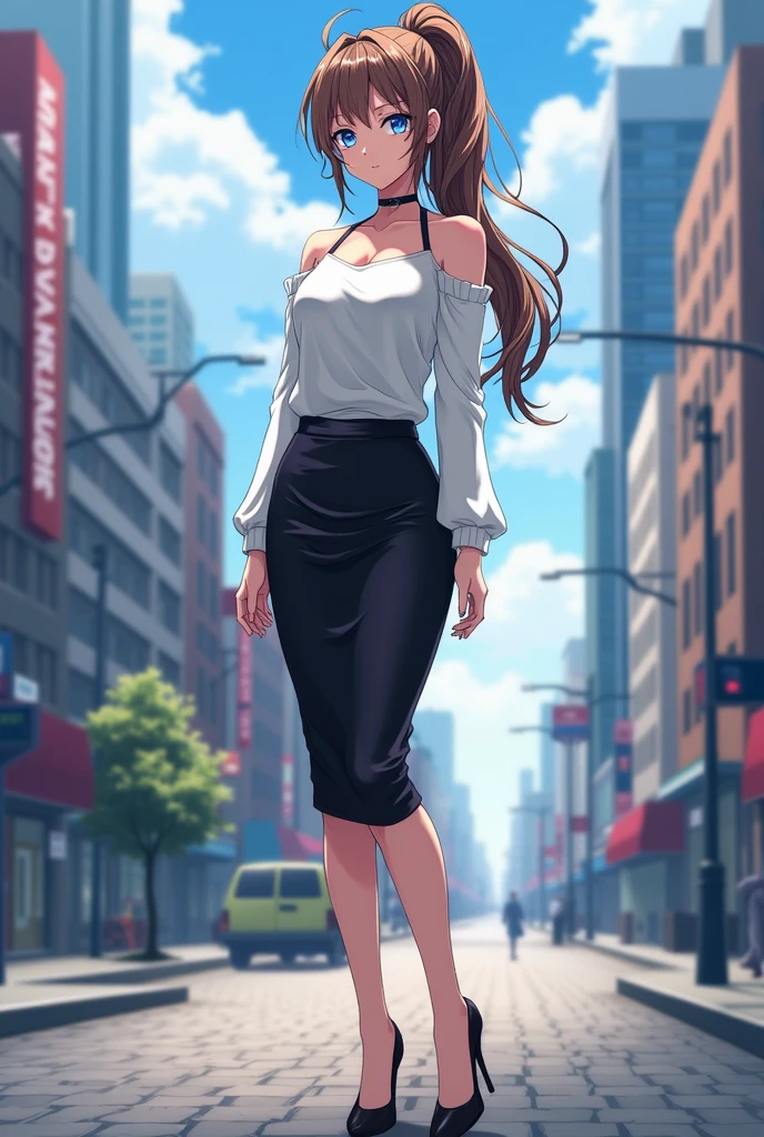1girl, full body, anime art, long hair, pony tail, blue eyes, wearing white off-shoulder sweater , black satin pencil skirt with high heels, city, absurdres, high res, ultrasharp, 8K, masterpiece, looking at viewer, ultra realistic , high resolution, 4k