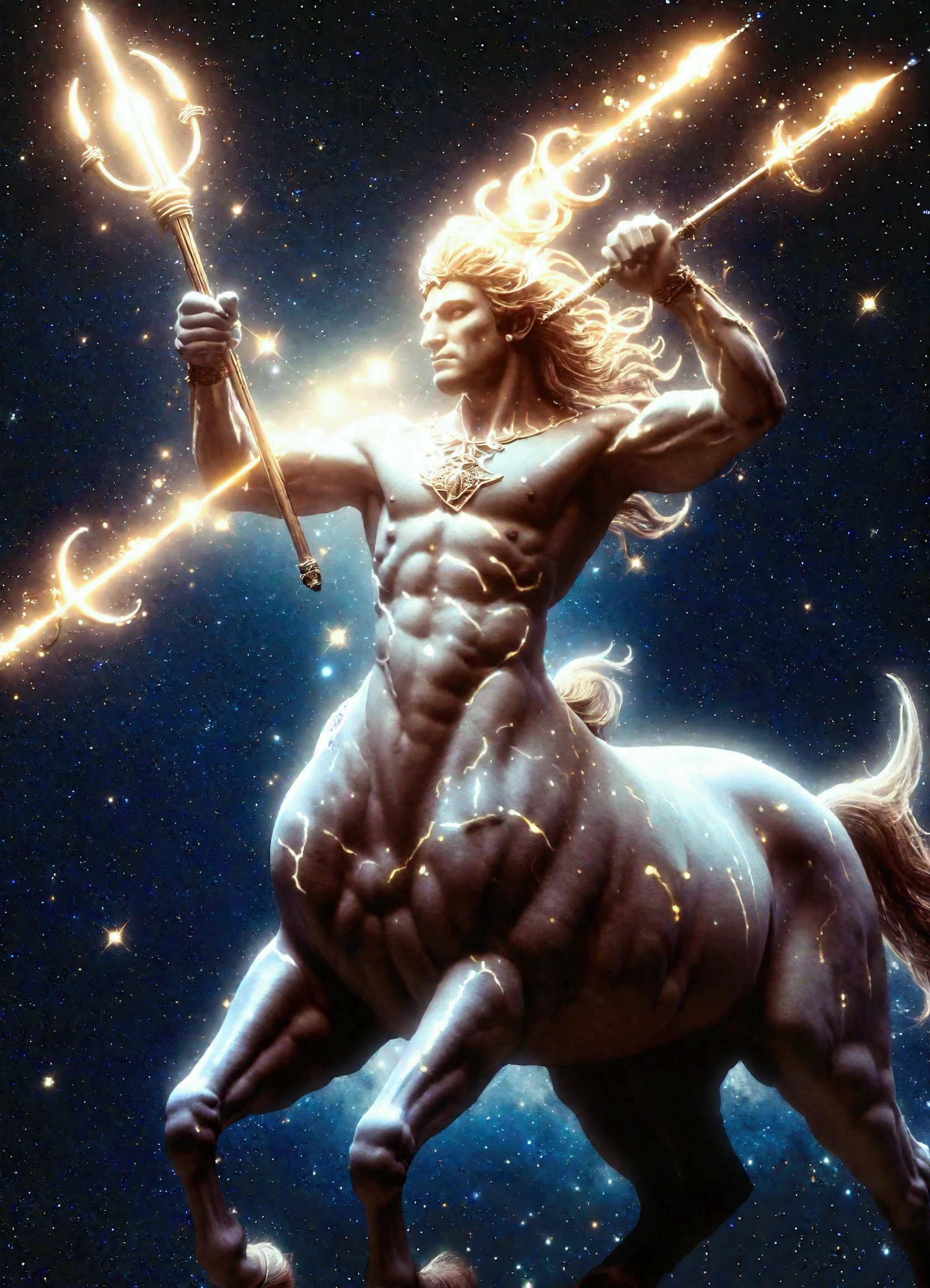 Illustration of centaurs with luminous lines, centaurs holding spears, stars and starry sky, constellations, constellation Centaurus, (((1man))),