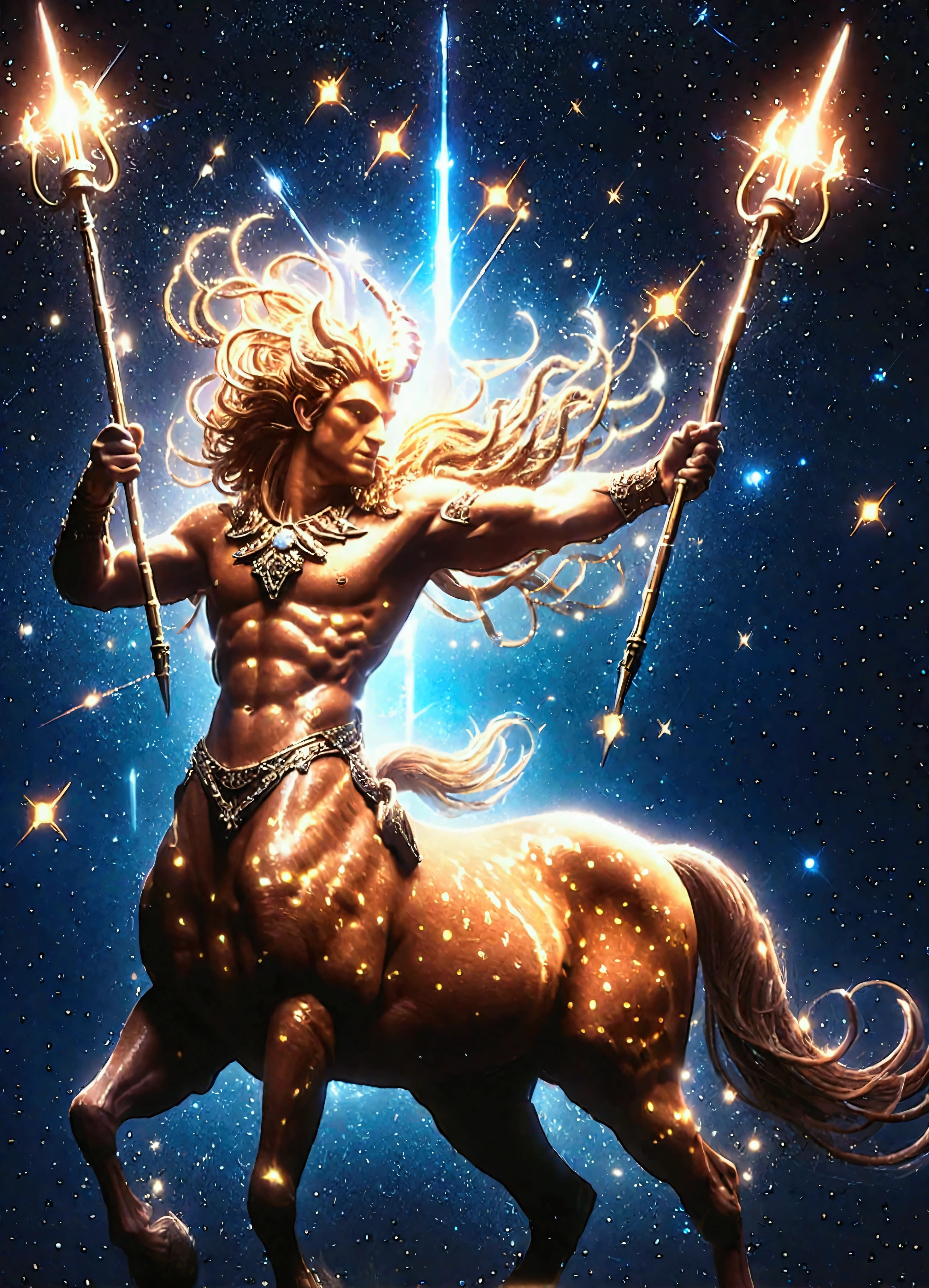 fantasy Illustration of centaurs with luminous lines, centaurs holding spears, stars and starry sky, constellations, constellation Centaurus, (((1man))),