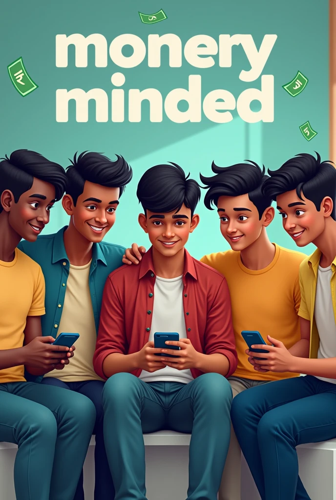 A group of 5 young Indian male high school students(one is slightly black in skin colour, another one is slightly fat , another one is healthy , another one is slightly thin and another one is slightly bright in skin colour looking handsome and sitting middle of them )sitting around and using smartphones to earn money . Background contains the word "Money Minded" and Indian rupees symbol seen in background .