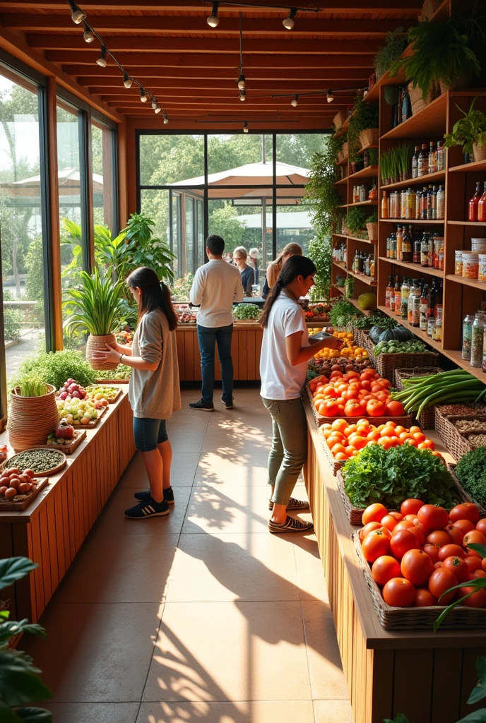 6x4 meter commercial space, Modern Mexican style in light colors, farm products, customers inside, 50 centimeter front overhang of red annealed clay tiles, bird's-eye view, 