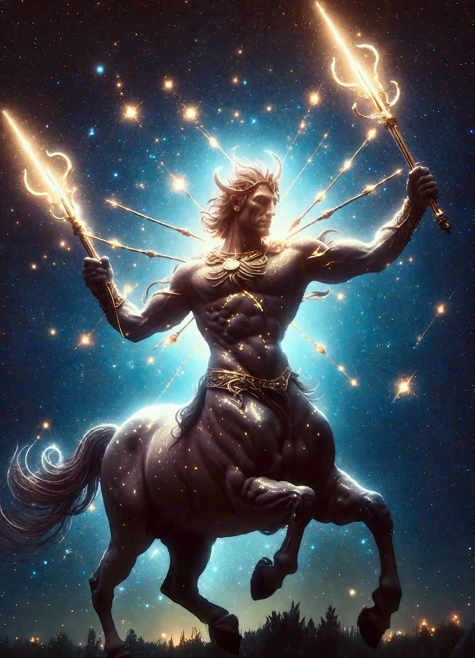 fantasy Illustration of centaurs with luminous lines, centaurs holding spears, stars and starry sky, constellations, constellation Centaurus, (((1man))),