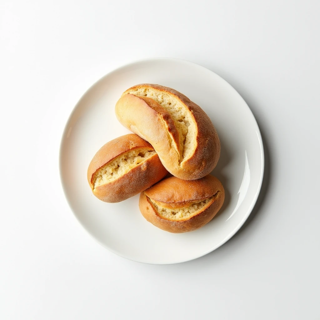 "Top-down angle focusing on a patternless white plate with a neatly arranged bread on a patternless white table."