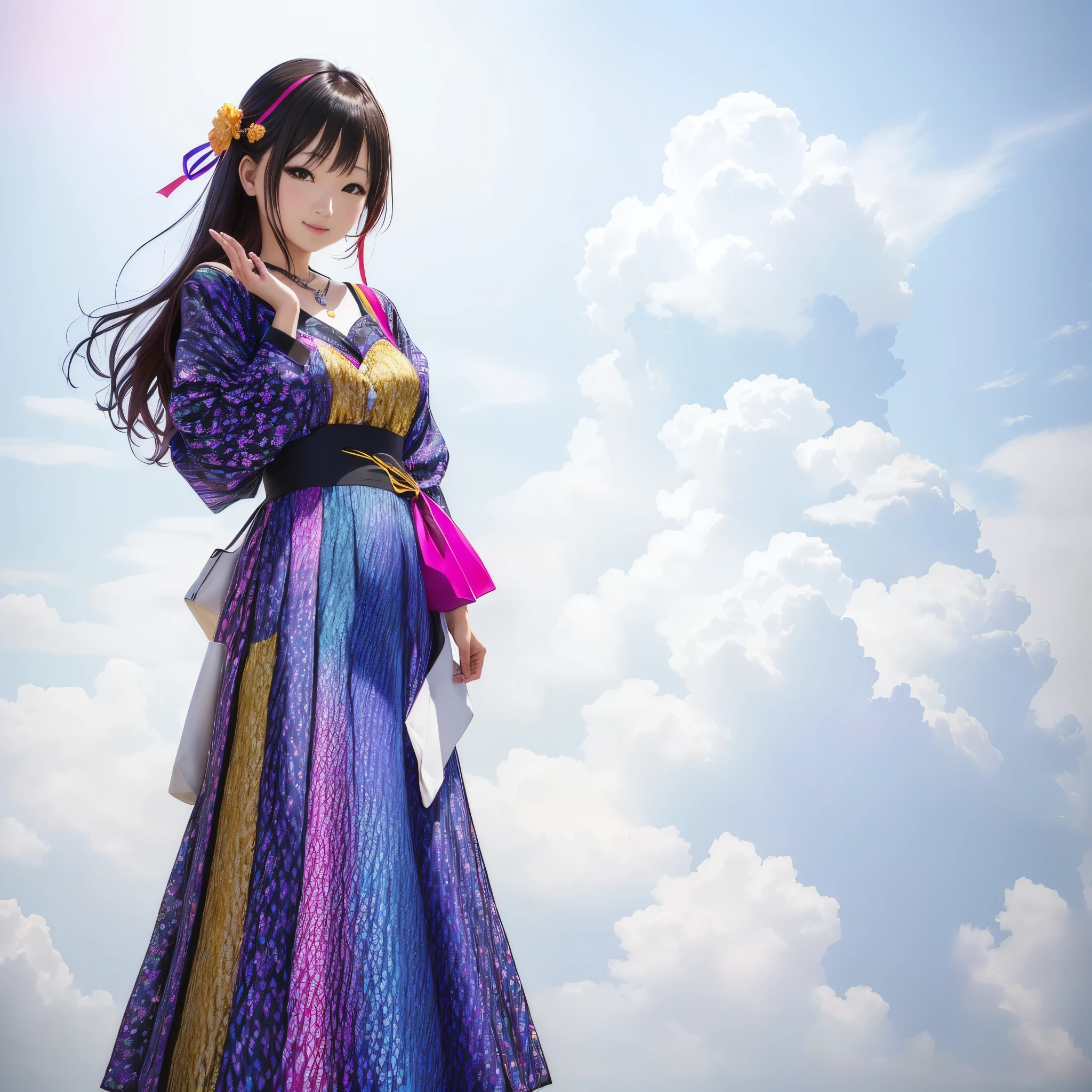 Araffe woman in a colorful dress posing for a photo., Harumi, chiho, Mayuri Shiina, Kimi Takemura, Yukii Morita, official work, vivid), motto hole, shikami, vivid!!, ayami you ima, Yui Kotegawa, it's raining