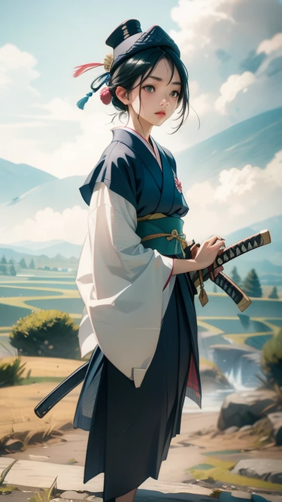 samurai girl, 1 girl, beautiful detailed eyes, beautiful detailed lips, extremely detailed face and eyes, long eyelashes, samurai armor, ((two japanese swords)), rural rice field road, rolling hills, cloudy sky, detailed environment, dramatic lighting, cinematic lighting, dramatic shadows, highly detailed, 8k, photorealistic, hyper detailed, masterpiece, vibrant colors, atmospheric, intricate details、((Knitting hat))、クラシックなメガネ