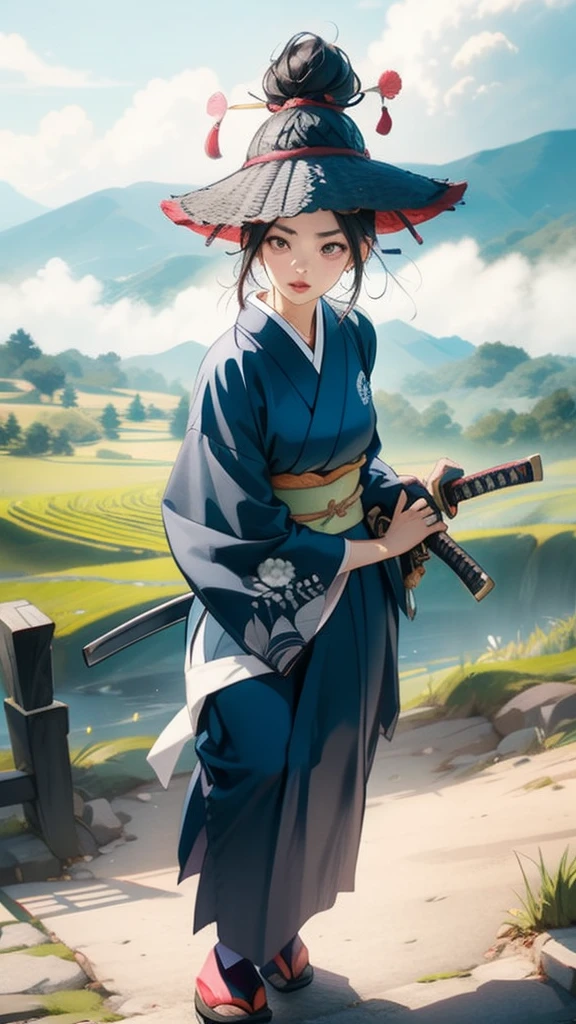 samurai girl, 1 girl, beautiful detailed eyes, beautiful detailed lips, extremely detailed face and eyes, long eyelashes, samurai armor, ((two japanese swords)), rural rice field road, rolling hills, cloudy sky, detailed environment, dramatic lighting, cinematic lighting, dramatic shadows, highly detailed, 8k, photorealistic, hyper detailed, masterpiece, vibrant colors, atmospheric, intricate details、((Knitting hat))、クラシックなメガネ