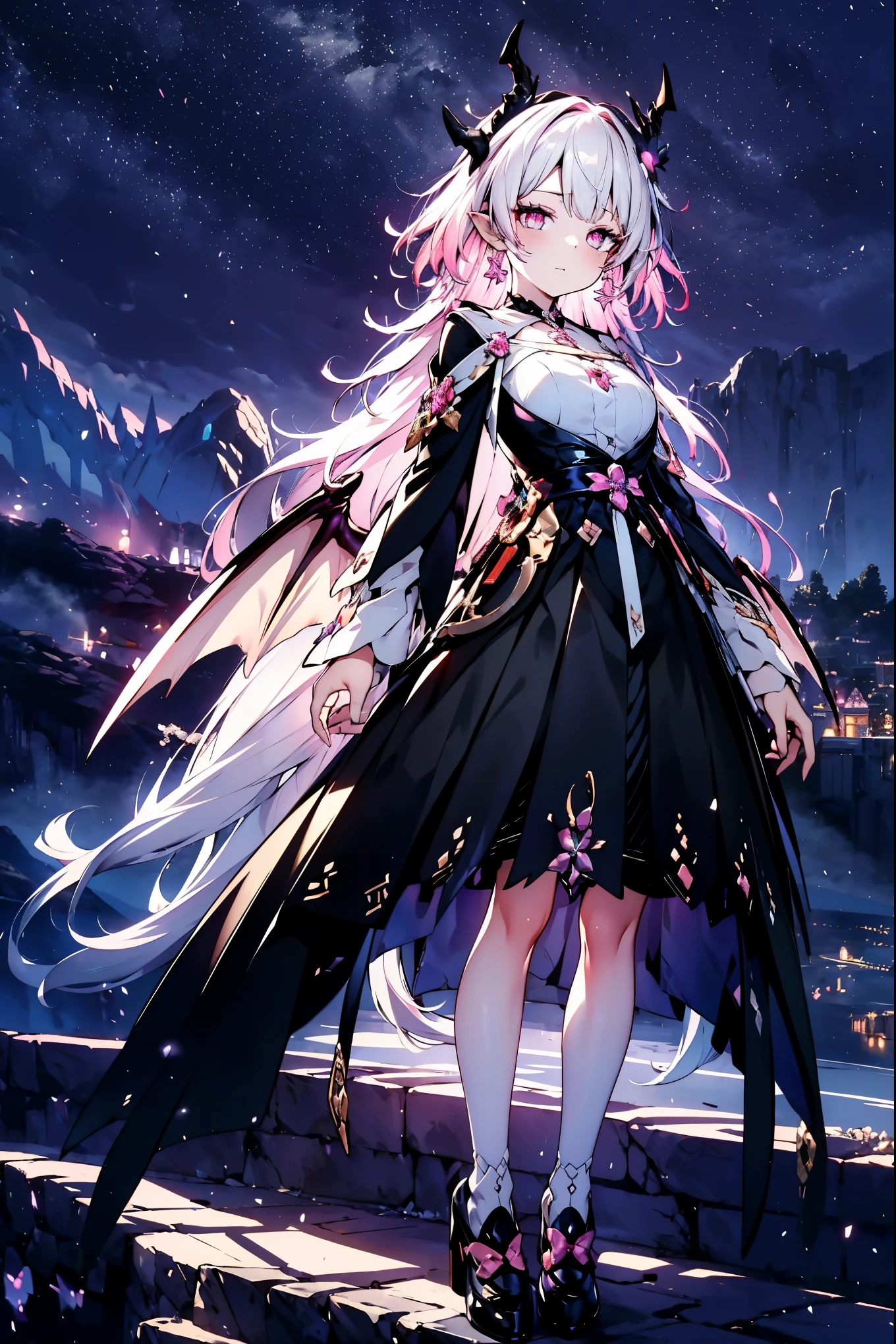 uhd, 4k, textured skin, High details, detailed face, masterpiece, best quality, (Amazingly absurd:1.2), (masterpiece:1.2), 1 girl, dragon ear, dragon wings, Long dress, standing, dynamische pose:1.5, half-closed eyes, glowing red eyes, very long black hair, shiny hair , fullbody, two colored hair, hair ribbon, black knee socks, Kawaiitech, soft colours, Kawaii, Beautiful colors, (Rain:1), (Night:2), (landscape:1.5)