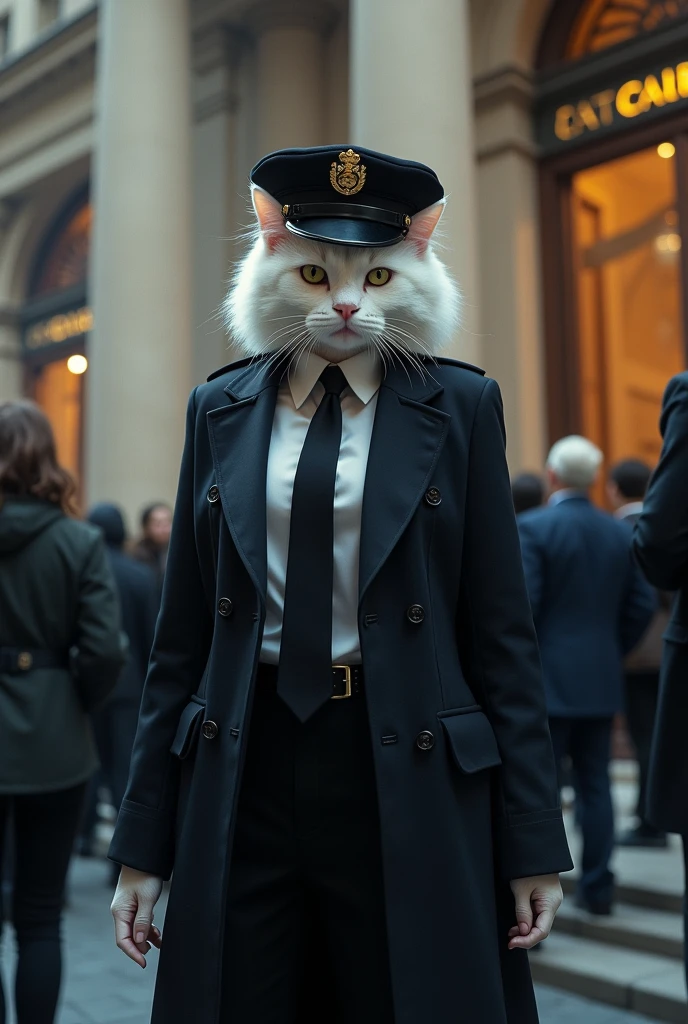 **Suspicious Bank Scene**:
- A large, bank building with a grand entrance. blending with the crowd. The female white cat police officer in human body, with her sharp senses, is observing them from a distance, her expression alert and focused. The tension in the scene is palpable.