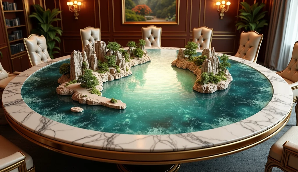 Draw a round dining table，Accommodates 30 people，There is a landscape scene in the middle of the dining table，Marble material，Metal Material，High-end，Royal dining table，Close-up details，High-end atmosphere，8k，Large wide angle，Vary rendering，Delicate，complex